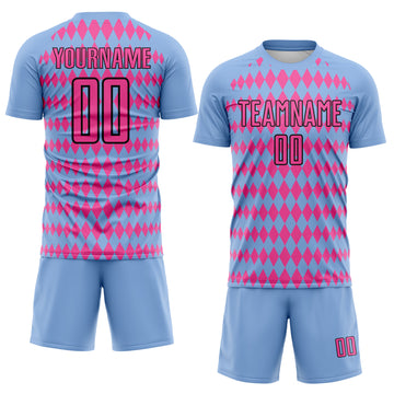 Custom Light Blue Pink-Black Diamond Harlequin Check Sports Sublimation Soccer Uniform Jersey