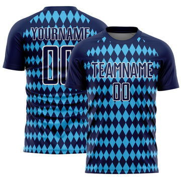 Custom Navy Sky Blue-White Diamond Harlequin Check Sports Sublimation Soccer Uniform Jersey