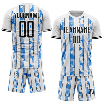 Custom White Black-Light Blue Camo Stripe Sports Sublimation Soccer Uniform Jersey