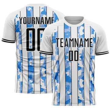 Custom White Black-Light Blue Camo Stripe Sports Sublimation Soccer Uniform Jersey