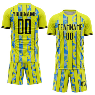 Custom Neon Yellow Black-Light Blue Camo Stripe Sports Sublimation Soccer Uniform Jersey