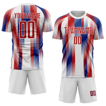Custom White Red-Royal Diagonal Stripe Sports Sublimation Soccer Uniform Jersey