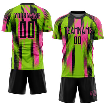 Custom Neon Green Black-Pink Diagonal Stripe Sports Sublimation Soccer Uniform Jersey