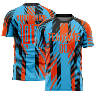 Custom Sky Blue Orange-Black Diagonal Stripe Sports Sublimation Soccer Uniform Jersey