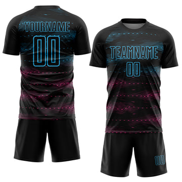 Custom Black Sky Blue-Pink Streamline Wave Cyberpunk Neon Tech Sports Sublimation Soccer Uniform Jersey