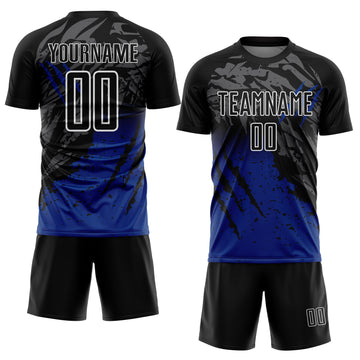 Custom Black White-Royal Gradient Claw Mark Splatter Sports Sublimation Soccer Uniform Jersey