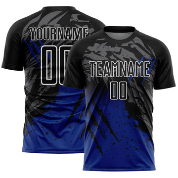 Custom Black White-Royal Gradient Claw Mark Splatter Sports Sublimation Soccer Uniform Jersey