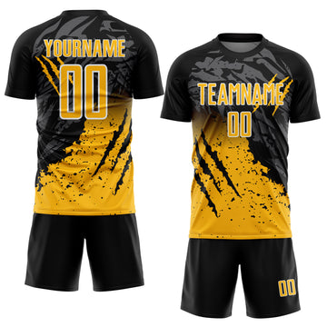 Custom Black Gold-White Gradient Claw Mark Splatter Sports Sublimation Soccer Uniform Jersey
