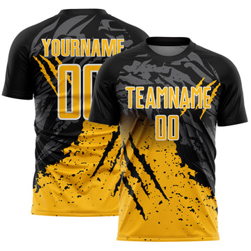Custom Black Gold-White Gradient Claw Mark Splatter Sports Sublimation Soccer Uniform Jersey