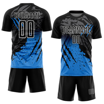 Custom Black White-Powder Blue Gradient Claw Mark Splatter Sports Sublimation Soccer Uniform Jersey