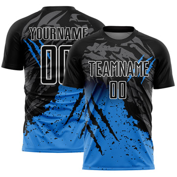 Custom Black White-Powder Blue Gradient Claw Mark Splatter Sports Sublimation Soccer Uniform Jersey