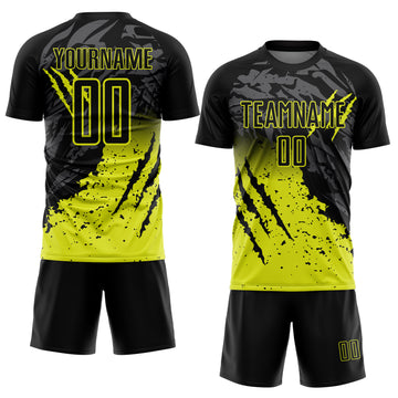 Custom Black Neon Yellow Gradient Claw Mark Splatter Sports Sublimation Soccer Uniform Jersey