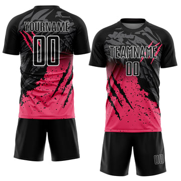 Custom Black White-Neon Pink Gradient Claw Mark Splatter Sports Sublimation Soccer Uniform Jersey