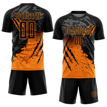 Custom Black Bay Orange Gradient Claw Mark Splatter Sports Sublimation Soccer Uniform Jersey
