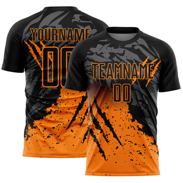 Custom Black Bay Orange Gradient Claw Mark Splatter Sports Sublimation Soccer Uniform Jersey