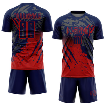 Custom Navy Red Gradient Claw Mark Splatter Sports Sublimation Soccer Uniform Jersey