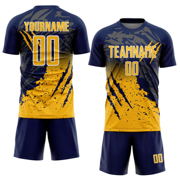 Custom Navy Gold-White Gradient Claw Mark Splatter Sports Sublimation Soccer Uniform Jersey