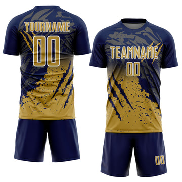 Custom Navy Old Gold-White Gradient Claw Mark Splatter Sports Sublimation Soccer Uniform Jersey
