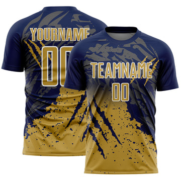 Custom Navy Old Gold-White Gradient Claw Mark Splatter Sports Sublimation Soccer Uniform Jersey