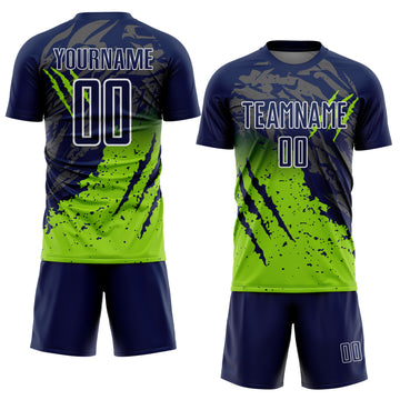 Custom Navy White-Neon Green Gradient Claw Mark Splatter Sports Sublimation Soccer Uniform Jersey