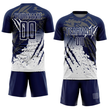 Custom Navy White Gradient Claw Mark Splatter Sports Sublimation Soccer Uniform Jersey