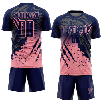 Custom Navy Medium Pink Gradient Claw Mark Splatter Sports Sublimation Soccer Uniform Jersey