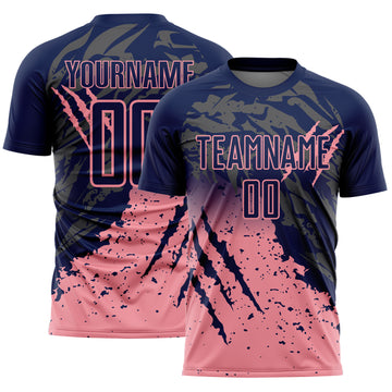 Custom Navy Medium Pink Gradient Claw Mark Splatter Sports Sublimation Soccer Uniform Jersey