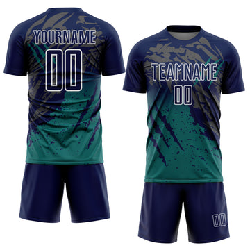 Custom Navy White-Teal Gradient Claw Mark Splatter Sports Sublimation Soccer Uniform Jersey