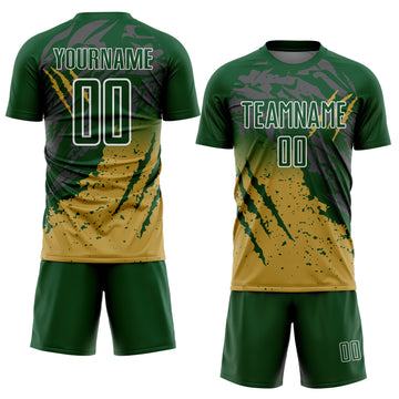 Custom Green White-Old Gold Gradient Claw Mark Splatter Sports Sublimation Soccer Uniform Jersey