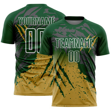 Custom Green White-Old Gold Gradient Claw Mark Splatter Sports Sublimation Soccer Uniform Jersey