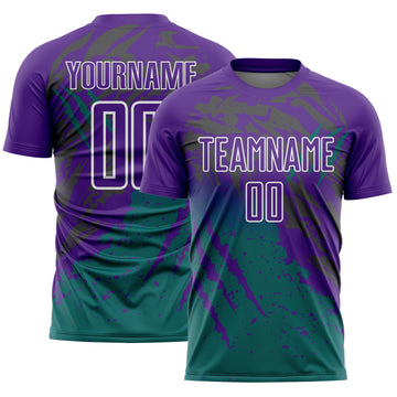 Custom Purple White-Teal Gradient Claw Mark Splatter Sports Sublimation Soccer Uniform Jersey