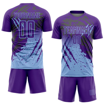 Custom Purple Light Blue Gradient Claw Mark Splatter Sports Sublimation Soccer Uniform Jersey
