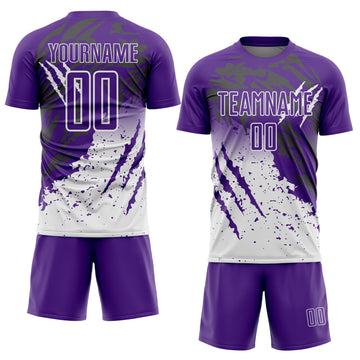 Custom Purple White Gradient Claw Mark Splatter Sports Sublimation Soccer Uniform Jersey