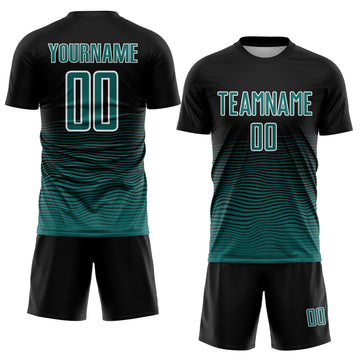 Custom Black Teal-White Gradient Wave Line Sports Sublimation Soccer Uniform Jersey