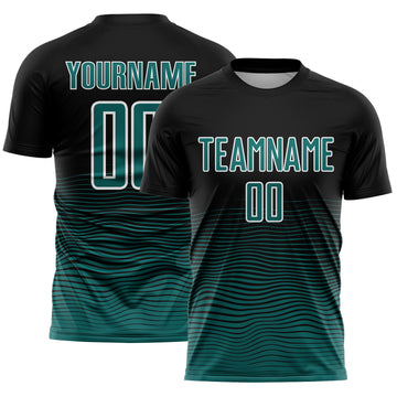 Custom Black Teal-White Gradient Wave Line Sports Sublimation Soccer Uniform Jersey
