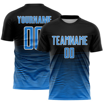 Custom Black Powder Blue-White Gradient Wave Line Sports Sublimation Soccer Uniform Jersey