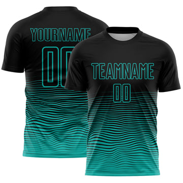 Custom Black Aqua Gradient Wave Line Sports Sublimation Soccer Uniform Jersey
