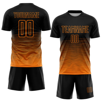Custom Black Bay Orange Gradient Wave Line Sports Sublimation Soccer Uniform Jersey