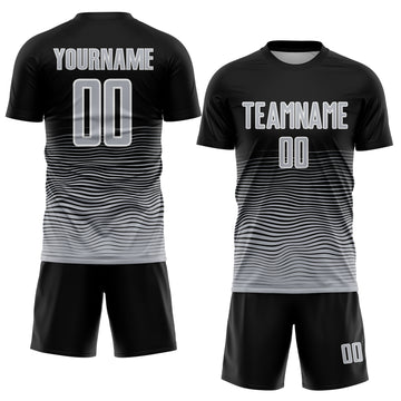 Custom Black Gray-White Gradient Wave Line Sports Sublimation Soccer Uniform Jersey