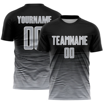 Custom Black Gray-White Gradient Wave Line Sports Sublimation Soccer Uniform Jersey