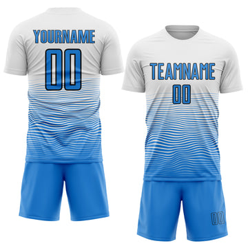Custom White Powder Blue-Black Gradient Wave Line Sports Sublimation Soccer Uniform Jersey