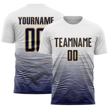 Custom White Navy-Old Gold Gradient Wave Line Sports Sublimation Soccer Uniform Jersey