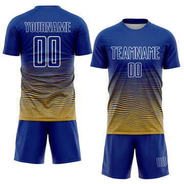 Custom Royal White-Old Gold Gradient Wave Line Sports Sublimation Soccer Uniform Jersey