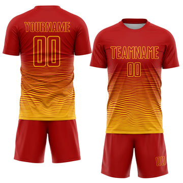 Custom Red Gold Gradient Wave Line Sports Sublimation Soccer Uniform Jersey