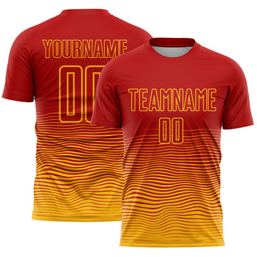 Custom Red Gold Gradient Wave Line Sports Sublimation Soccer Uniform Jersey