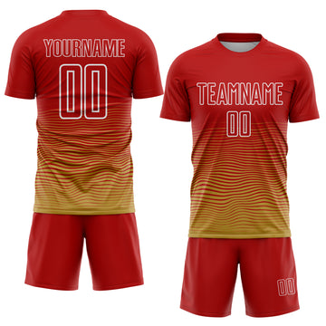 Custom Red White-Old Gold Gradient Wave Line Sports Sublimation Soccer Uniform Jersey