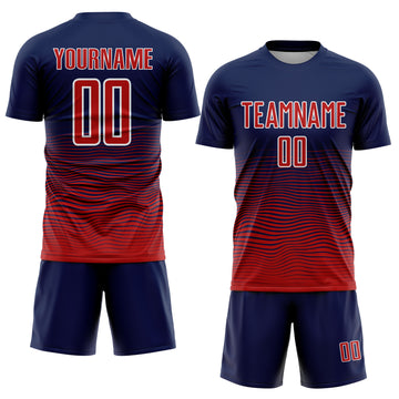 Custom Navy Red-White Gradient Wave Line Sports Sublimation Soccer Uniform Jersey