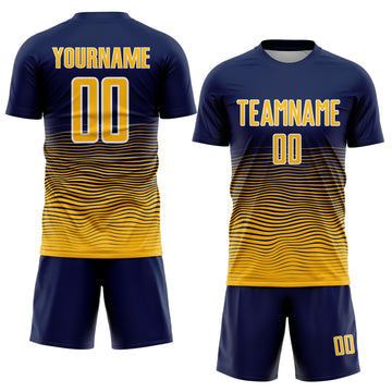 Custom Navy Gold-White Gradient Wave Line Sports Sublimation Soccer Uniform Jersey