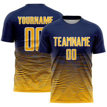 Custom Navy Gold-White Gradient Wave Line Sports Sublimation Soccer Uniform Jersey
