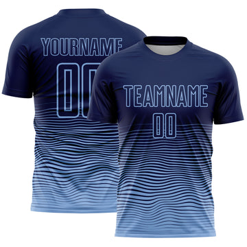 Custom Navy Light Blue Gradient Wave Line Sports Sublimation Soccer Uniform Jersey